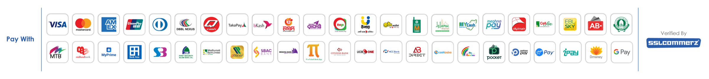 Payment methods accepted through SSLCommerz: Visa, Mastercard, American Express, bKash, Nagad, Rocket, and major Bangladeshi banks and mobile wallets